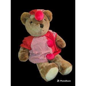 Vintage 1986 Plush Teddy Bear 18" Brown Clown Outfit Red White PJs Stuffed EUC